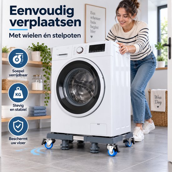 Verstelbare Wasmachine Onderzetter met Wielen – 42 tot 75 cm – Verrijdbare Wasmachine Verhoger – Met Rem, Stelpoten & Anti-Slip – Voor Wasmachine, Droger en Koelkast