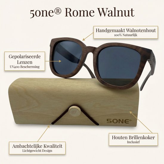 5one® Rome Walnut zonnebril met lens - houten dames zonnebril