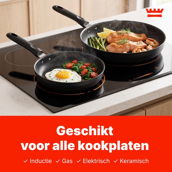 Koekenpannenset 3-delig – PFAS-vrij – 20 cm, 24 cm & 28 cm – Antiaanbak Koekenpannen – Geschikt voor Inductie, Gas, Elektrisch en Keramisch – Zwart