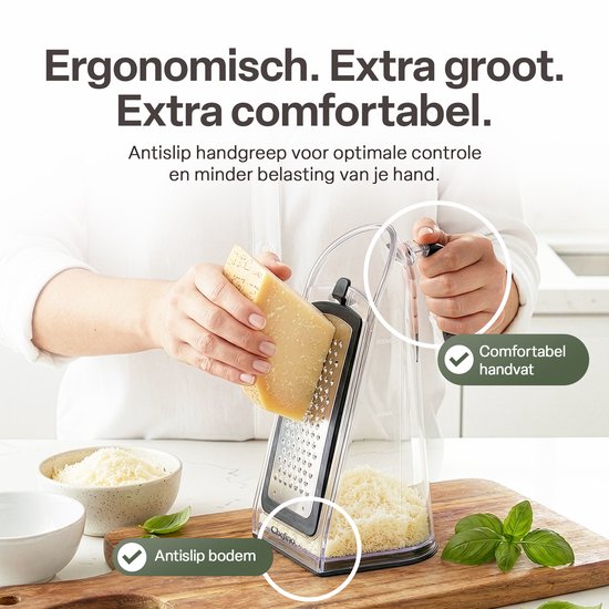 Kaasrasp met Opvangbak – RVS Groenterasp – Keukenrasp met Container – 3 Verwisselbare Raspbladen – Handrasp voor Kaas, Groenten en Citroenrasp – Antislip