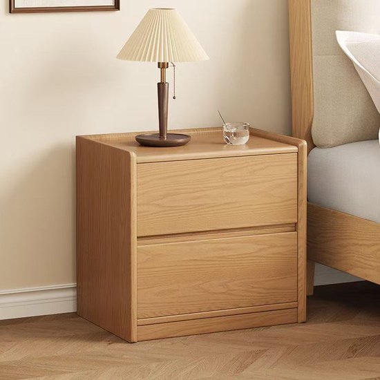 Nachtkastje Hout met 2 Lades – Massief Eiken Look – Bedtafel met Opstaande Rand – Modern & Tijdloos Design