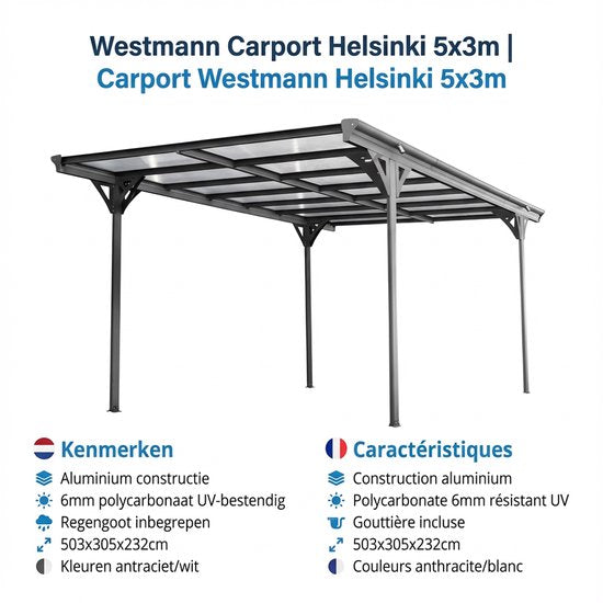Westmann Aluminium carport met plat dak Helsinki - Wit - 503x305x232cm