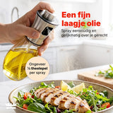 Oliespray 200 ml – Olieverstuiver voor Koken, Airfryer & BBQ – Fijne Verneveling – Glazen Oliespuit – RVS Drukknop – Inclusief Trechter, Reinigingsborstel & Bakkwast