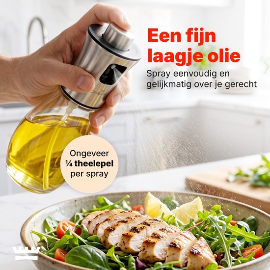 Oliespray 200 ml – Olieverstuiver voor Koken, Airfryer & BBQ – Fijne Verneveling – Glazen Oliespuit – RVS Drukknop – Inclusief Trechter, Reinigingsborstel & Bakkwast