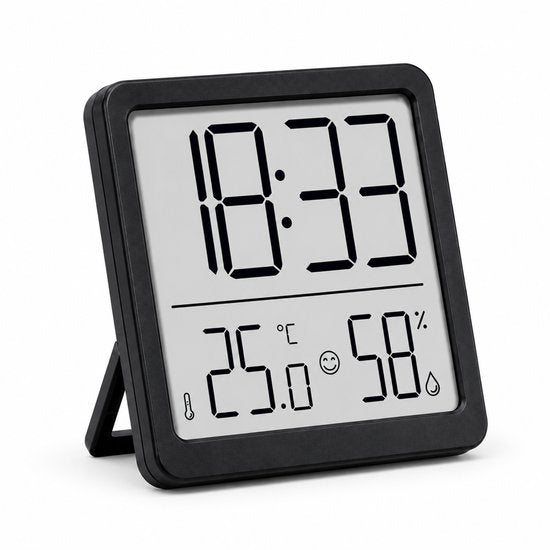 Digitale Thermometer Hygrometer met Klok – Binnen Thermometer – Luchtvochtigheidsmeter – Groot LCD Display – Temperatuur, Luchtvochtigheid & Tijd – Zwart