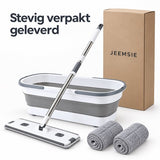 Dweilset met Emmer – Vlakmop met Opvouwbare Emmer – 360° Draaibare Mop – Telescopische Steel 127 cm – Inclusief 2 Microvezeldoeken – Wit-Grijs - Dwijl