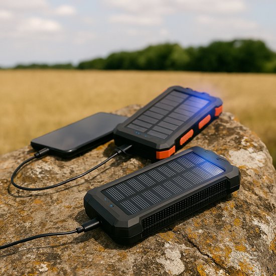 Powerbank 20000 mAh – Zwart - Draadloze Zonne-energie Powerbank met LED-indicator – Outdoor Waterdicht – Zwart - USB Snellader – Powerbank voor Smartphone & Tablet - powerbank 20000 mah draadloos