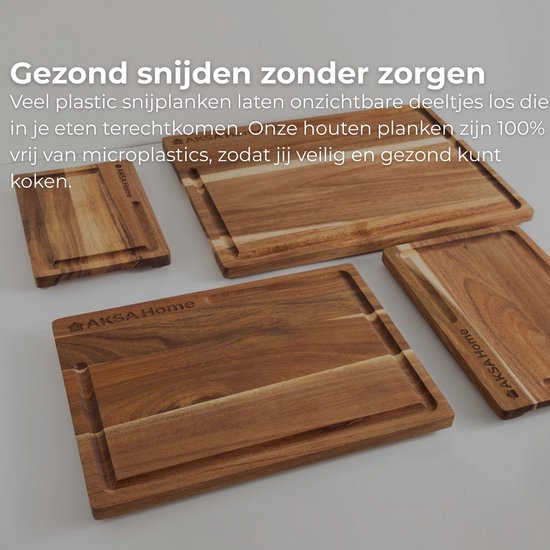 AKSA Home® 4-Delige Snijplankenset met Houder - Houten Snijplank met Sapgeul voor Keuken - Serveerplank - Kaasplank - Borrelplank - Acaciahout