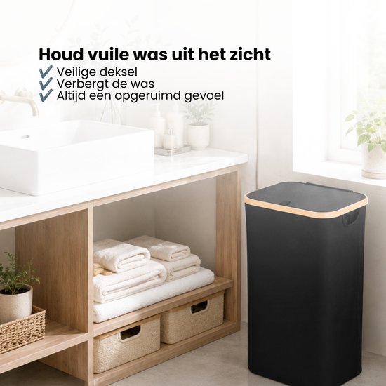 Wasmand met Deksel – Opvouwbare Wasmand – Wasbox 100L – Wassorteerder met Binnenzak – Zwart – Voor Badkamer, Slaapkamer en Wasruimte