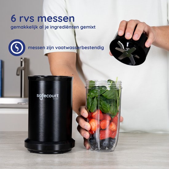 Safecourt kitchen - Smoothie Blender - Blender 1200W - Smoothie Maker - Inclusief to go bekers - Zwart