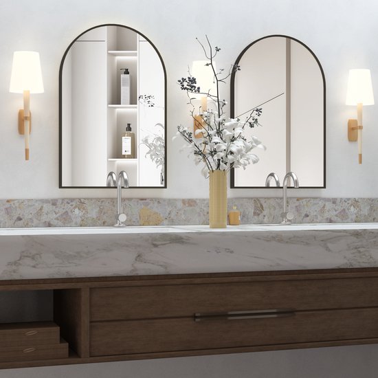 Wandspiegel - Zwart - 76 x 50 cm - Badkamer Spiegel - Make-up Spiegel voor badkamer - Wandgemonteerde spiegel met Metalen Frame