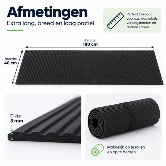 Kabelmat voor Vloer – Kabelbeschermer voor Laadkabel & Verlengsnoer – Oprolbare Kabelbrug – 3 mm Dik – Zwart – 180 X 40 cm
