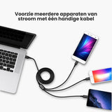 FLOKOO 3-in-1 USB Kabel – 1 meter – Snelladen & Dataoverdracht – USB naar USB-C - Micro-USB - Lightning – Nylon Gevlochten – Zwart - Oplaadkabel Telefoon