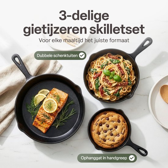 Gietijzeren Koekenpan Set 3-delig – Skillet Set Ø16, Ø19,5 & Ø24,5 cm – Pre-seasoned Gietijzer – Geschikt voor Inductie, Gas, Oven & BBQ – Inclusief Siliconen Handgrepen