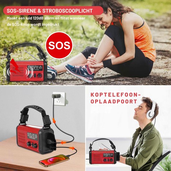 NovaWare NoodRadio Solar Opwindbaar - FM-AM - Powerbank Zonneenergie met 20.000mAh - Survival Noodpakket - Draagbare Radio op batterijen – Rood