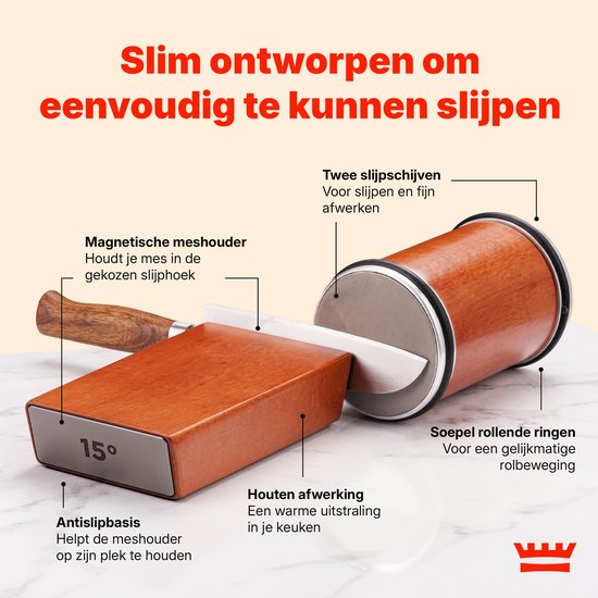Messenslijper – Rollende Messenslijper met Magnetische Meshouder – 15° & 20° Slijphoek – Dubbelzijdige Slijproller – Voor Keukenmessen – Houten Uitvoering