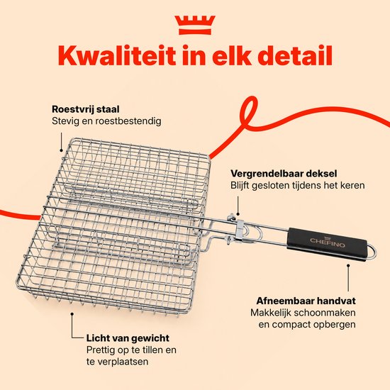 Grillmand BBQ – RVS Barbecue Grillmand met Deksel – 31 x 24,2 cm – Met 2 Uitneembare Verdelers – Afneembaar Handvat – Voor Vis, Vlees & Groenten
