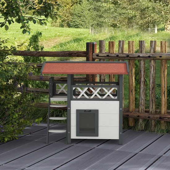 4goodz kattenhuis 2 laags 77x50x73cm - Wit/Rood