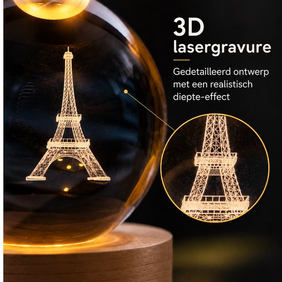 DMG Supply 3D Kristallen Bol Lamp - USB Oplaadbaar - LED Lamp - Nachtlamp - Tafellamp - Bureaulamp