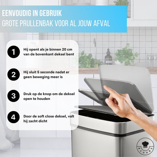 4cookz® Sensorprullenbak 60 liter - RVS Prullenbak