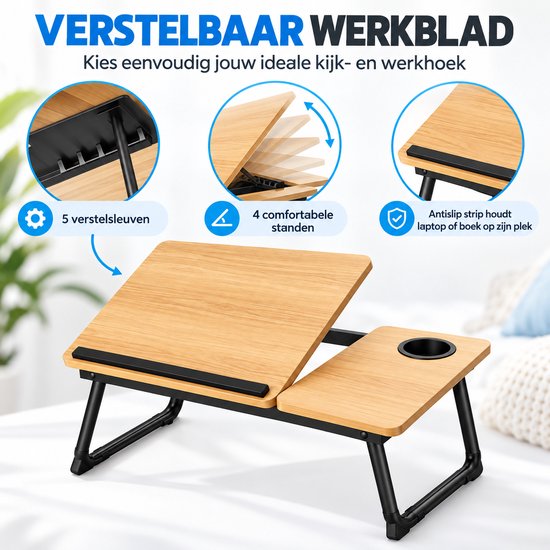 Laptoptafel voor Bed & Bank – Inklapbare Bedtafel met Verstelbaar Werkblad – Bekerhouder & Zijblad – Laptopstandaard van Bamboe – Tot 45 kg