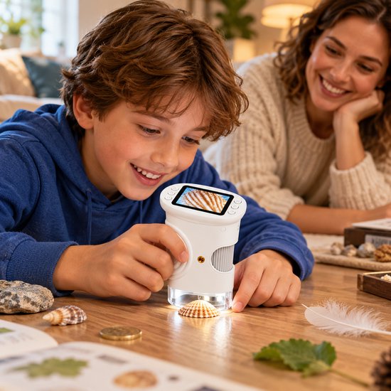 Digitale Microscoop voor Kinderen – Handmicroscoop met Kleurenscherm – Foto & Video – LED-Verlichting – Oplaadbaar via USB-C – Compact & Draagbaar – Wit