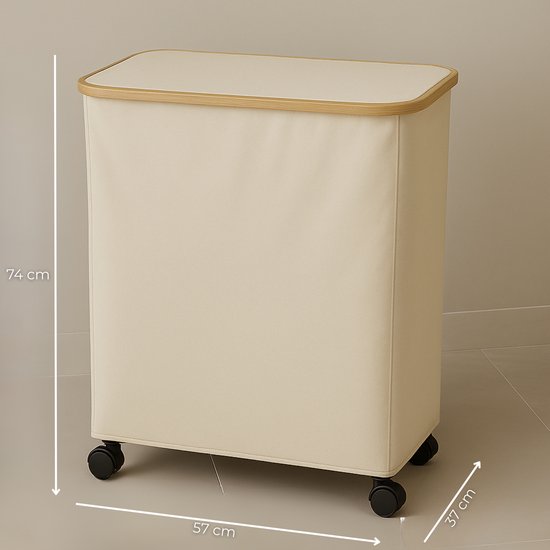 AKSA Home® Wasmand met Wieltjes - Wassorteerder met 3 vakken - Wasmand Opvouwbaar met Deksel - 160L - Beige/Creme
