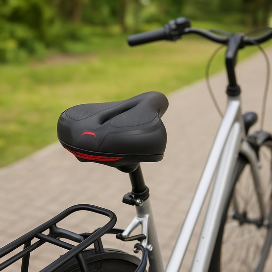 Fietszadel met Schokdemping en Ademend Design – Ergonomisch Zadel met LED-verlichting – Universeel voor Stadsfiets, Elektrische Fiets en MTB – 25x21 cm – Zwart