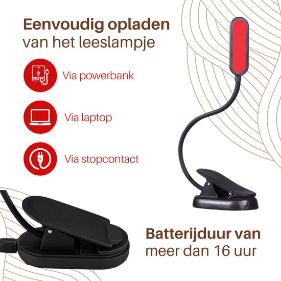 Roodlicht Leeslampje - Stimuleert Melatonine en Bioritme voor Betere Slaap - Klemlamp voor in Bed - Leeslampje voor Boek - Rood Licht Lamp