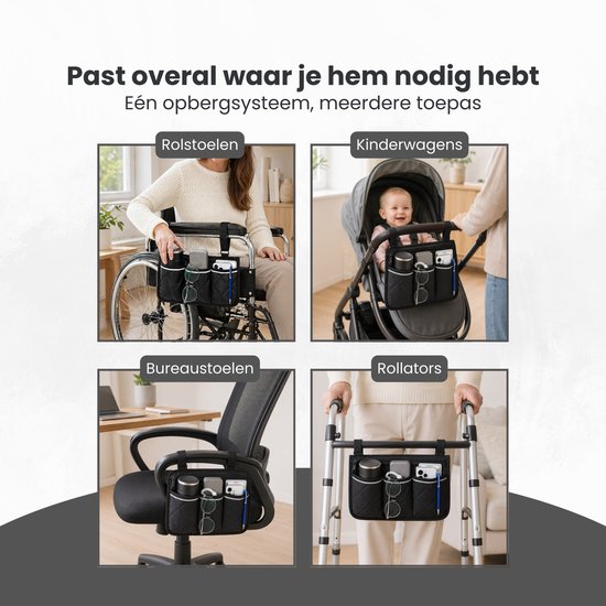 Rolstoeltas - Zwart - Armleuning Rolstoeltas - Waterafstotende Opbergtas voor Rolstoel - Rolstoel Organizer