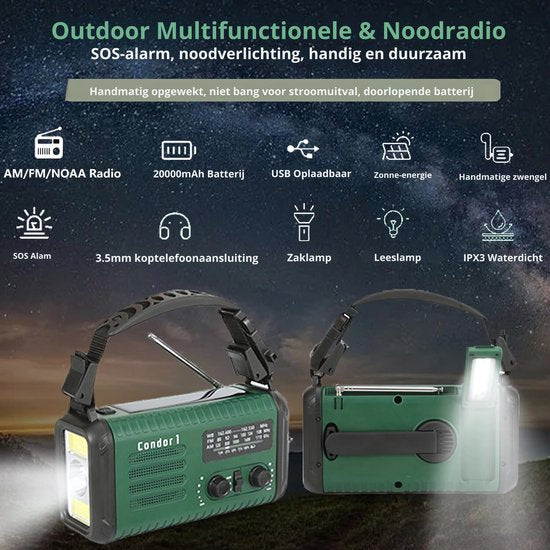 NovaWare NoodRadio Solar Opwindbaar - FM-AM - Powerbank Zonneenergie met 20.000mAh - Survival Noodpakket - Draagbare Radio op batterijen – Groen