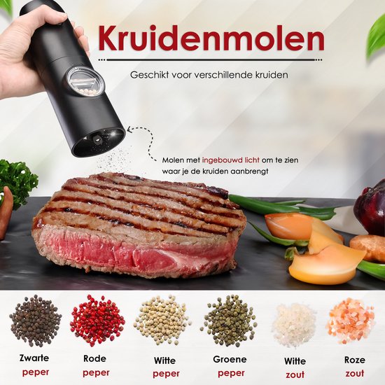 Vesfy Elektrische Peper en Zoutmolen Set - Oplaadbaar met Laadstation - Instelbare Maalgraad - LED-Licht - Pepermolen