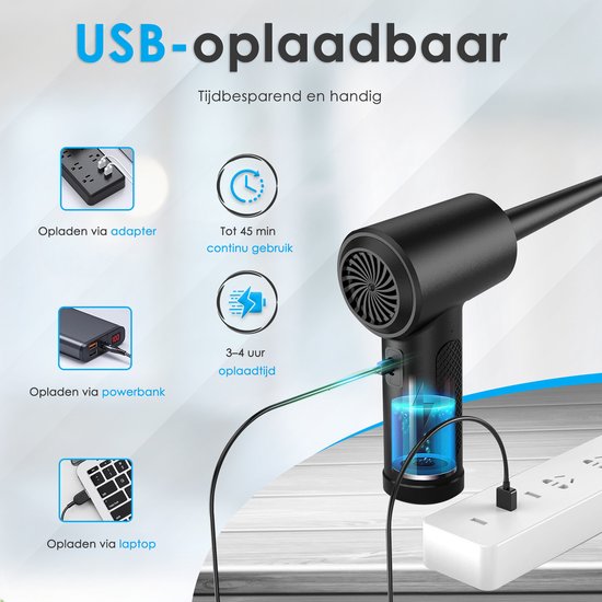 Air Duster met Verlichting en 3 Snelheden - 6 Opzetstukken - 51.000 RPM - Draadloos & USB Oplaadbaar - Perslucht - Compressed air