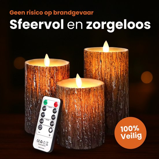 LED Kaarsen Met Afstandsbediening - Bewegende Vlam - Echte Wax - Elektrische Kaarsen - Op Batterijen - Dimbaar en Timer Functie - Set van 3