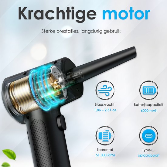 Air Duster met Verlichting en 3 Snelheden - 6 Opzetstukken - 51.000 RPM - Draadloos & USB Oplaadbaar - Perslucht - Compressed air