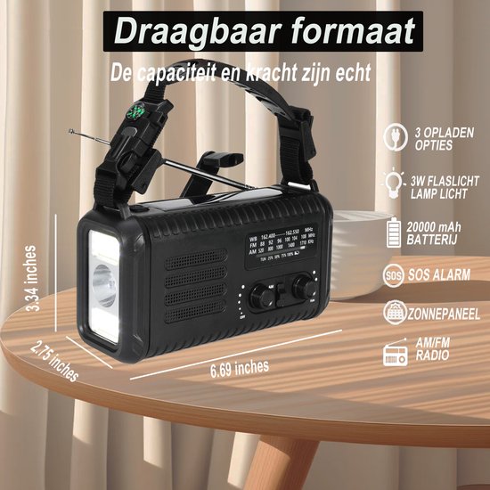 NovaWare NoodRadio Solar Opwindbaar - FM-AM - Powerbank Zonneenergie met 20.000mAh - Noodpakket - Draagbare Radio op batterijen – Zwart