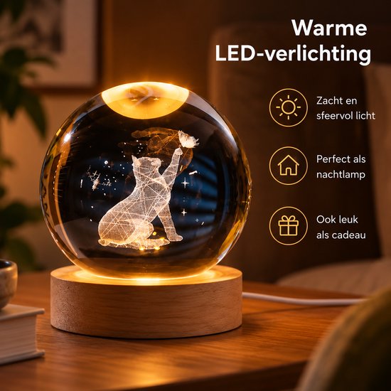 DMG Supply 3D Kristallen Bol Lamp - USB Oplaadbaar - LED Lamp - Nachtlamp - Tafellamp - Bureaulamp