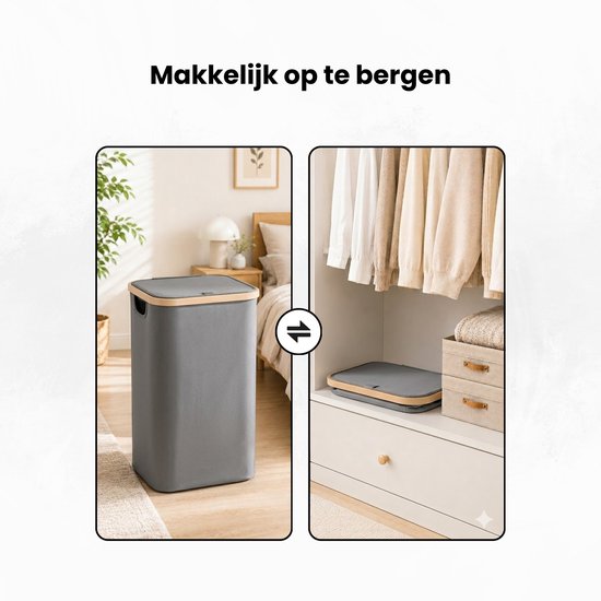 Wasmand met Deksel – Opvouwbare Wasmand – Wasbox 100L – Wassorteerder met Binnenzak – Grijs – Voor Badkamer, Slaapkamer en Wasruimte