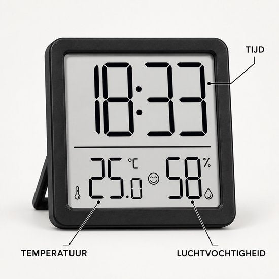 Digitale Thermometer Hygrometer met Klok – Binnen Thermometer – Luchtvochtigheidsmeter – Groot LCD Display – Temperatuur, Luchtvochtigheid & Tijd – Zwart