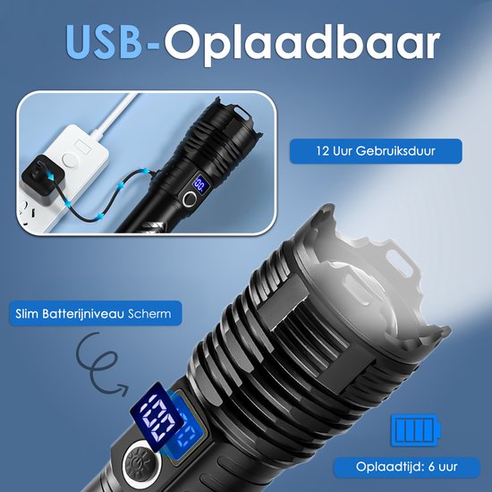 Vesfy LED Zaklamp Oplaadbaar - 10000 Lumen - 5 Lichtstanden - Militaire Zaklamp - IPX6 Waterdicht - Voor Noodpakket & Camping