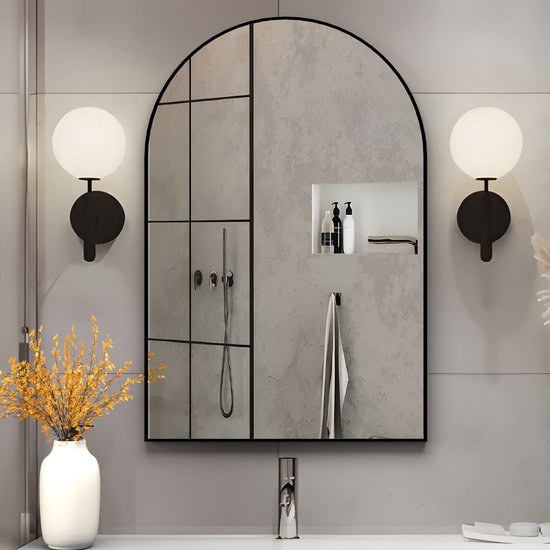 Wandspiegel - Zwart - 76 x 50 cm - Badkamer Spiegel - Make-up Spiegel voor badkamer - Wandgemonteerde spiegel met Metalen Frame