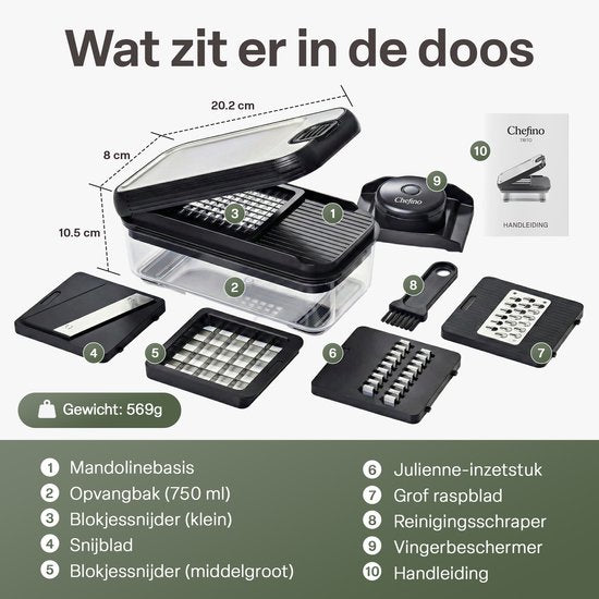 Groentesnijder Set met Opvangbak 750 ml – Mandoline Snijder – Groente Hakker – Uiensnijder – Blokjessnijder – Julienne Snijder – Groente Rasp – Keuken Mandoline met 5 RVS Messen