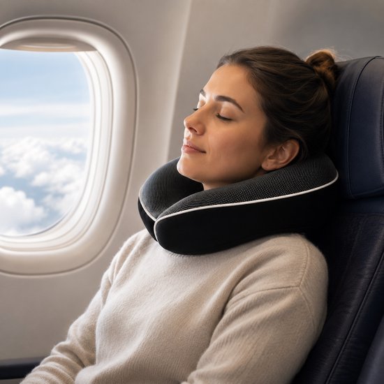 Reis Nekkussen Memory Foam – Ergonomisch Reiskussen voor Vliegtuig, Auto & Trein – Neksteun Reizen – Comfortabel Slaapkussen – Inclusief Oordoppen – Lichtgewicht & Compact