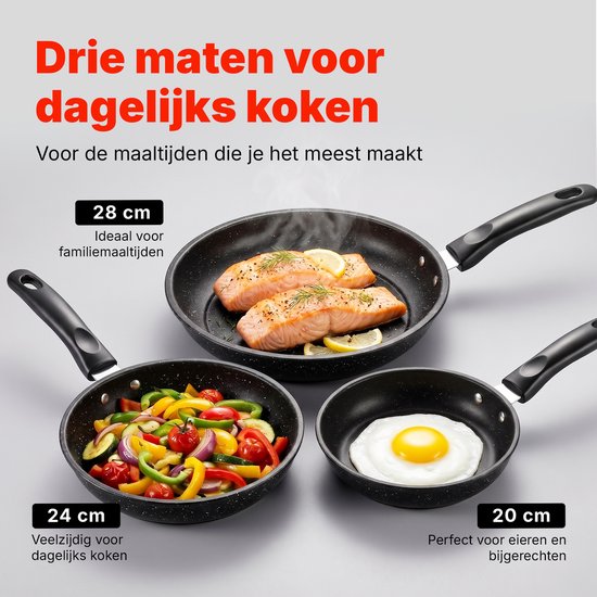 Koekenpannenset 3-delig – PFAS-vrij – 20 cm, 24 cm & 28 cm – Antiaanbak Koekenpannen – Geschikt voor Inductie, Gas, Elektrisch en Keramisch – Zwart
