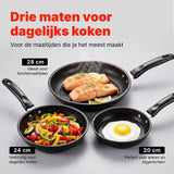 Koekenpannenset 3-delig – PFAS-vrij – 20 cm, 24 cm & 28 cm – Antiaanbak Koekenpannen – Geschikt voor Inductie, Gas, Elektrisch en Keramisch – Zwart