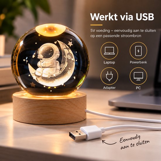 DMG Supply 3D Kristallen Bol Lamp - USB Oplaadbaar - LED Lamp - Nachtlamp - Tafellamp - Bureaulamp