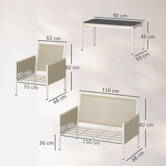 4goodz Tuinmeubelset 4-delig met salontafel bank en 2 stoelen - Zand/grijs