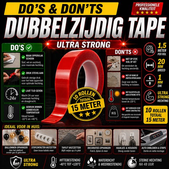 24ME® Pakket met 10 Rollen Dubbelzijdig Montagetape - Totaal 15 meter - Sterke Hechting - Transparant - Ultra Strong