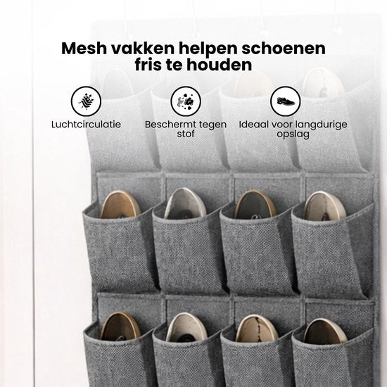 Schoenenkast Hangend - Schoenenzak 24 vakken - Opbergen van Schoenen aan Deur - Schoenenzak licht grijs - Oplossing voor rondslingerende schoenen - Hoogwaardige Schoenenkast