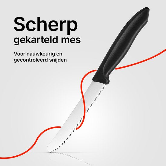 Chefino Tafelmessen Set 6 Stuks – Gekartelde Messen RVS – Steakmessen – Broodmesjes – Tomatenmessen – Vaatwasserbestendig – Zwart